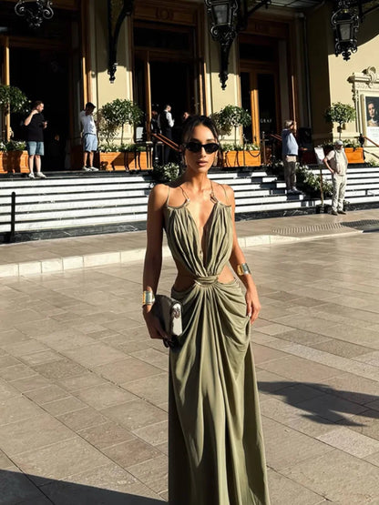 Women's Spaghetti Strap Maxi Dress with Deep V Cutout