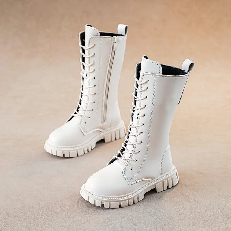 Black Mid Boots for Girls with Square Heel and Zip Closure