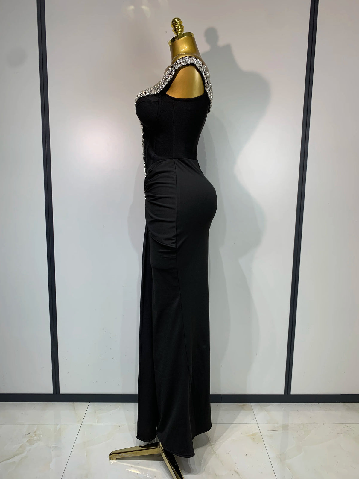 Black Off Shoulder Bodycon Dress with Diamonds