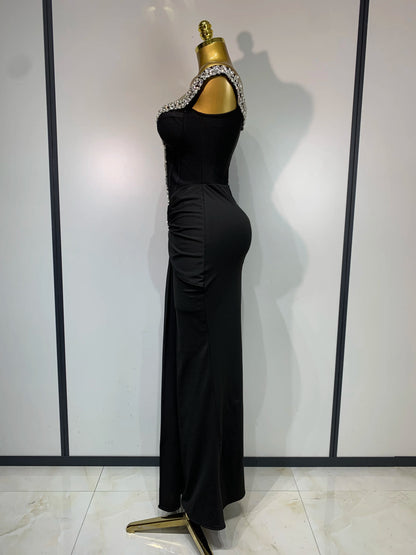 Black Off Shoulder Bodycon Dress with Diamonds