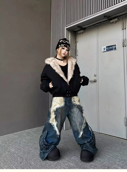 Vintage Distressed Wide Leg Cargo Jeans for Women