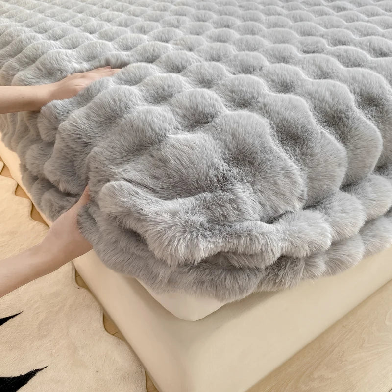 Fluffy Plush Fitted Bed Sheet Rabbit Fleece Solid Color