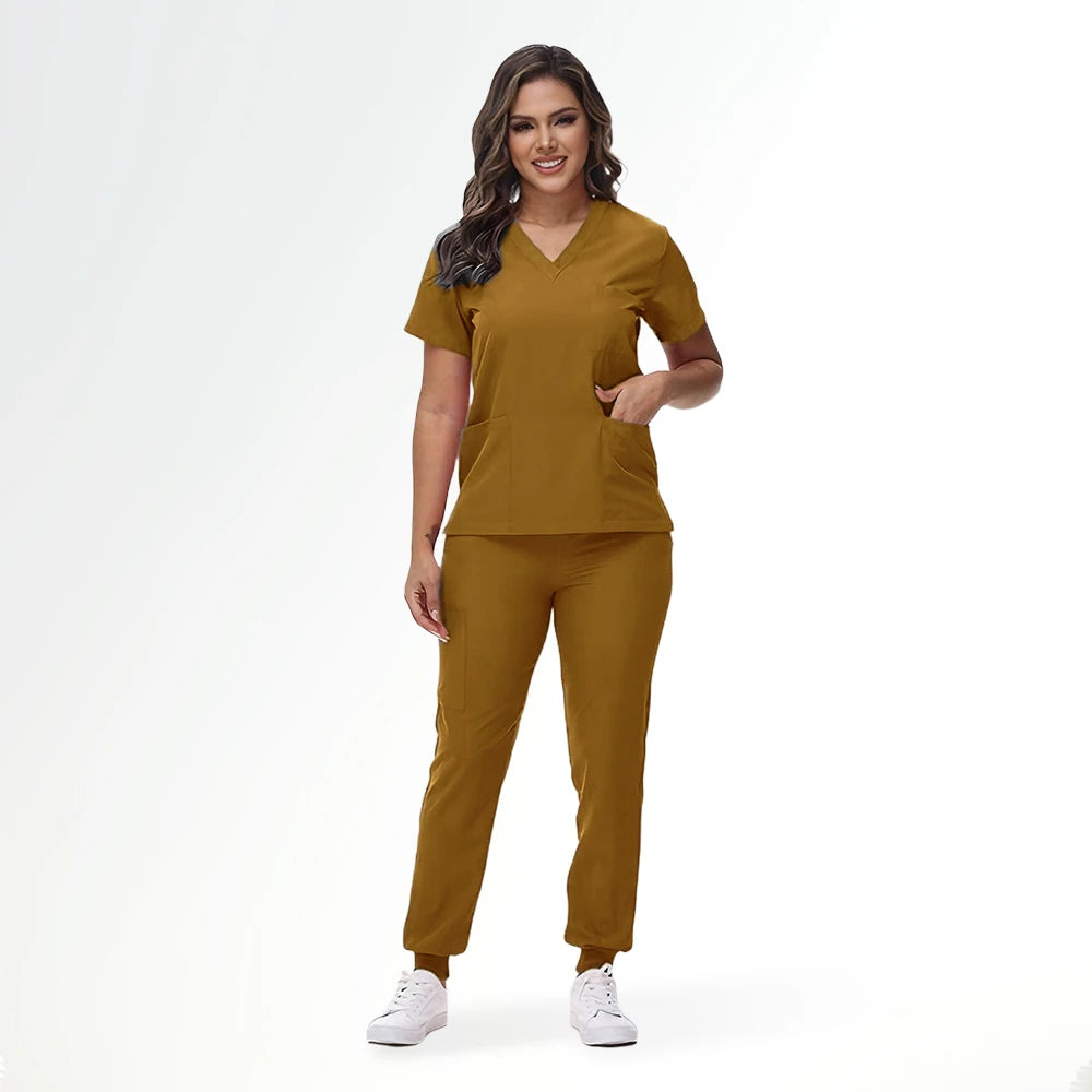 Stretchy V-Neck Nurse Scrub Set Jogger Pants