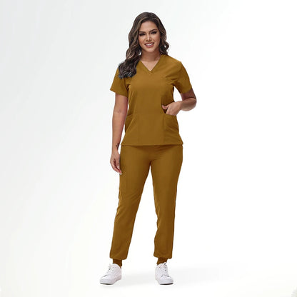 Stretchy V-Neck Nurse Scrub Set Jogger Pants
