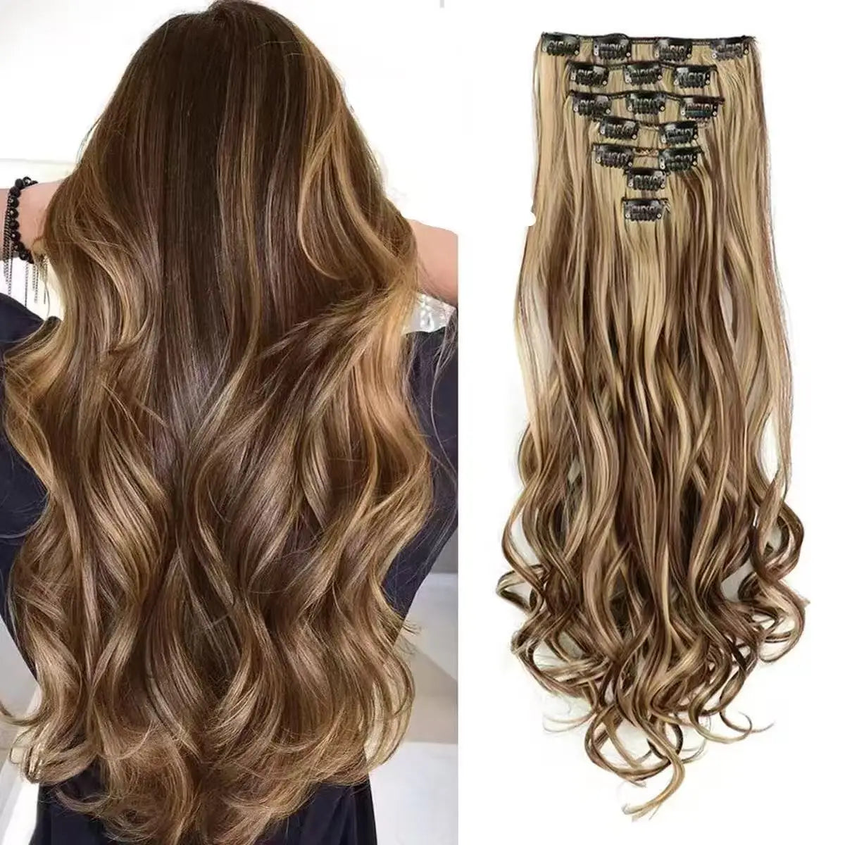 22 Inch Curly Wavy Clip In Hair Extensions Synthetic