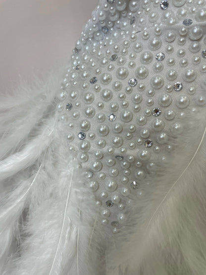 Luxury Rhinestones Pearls Feathers Halter Backless Dress