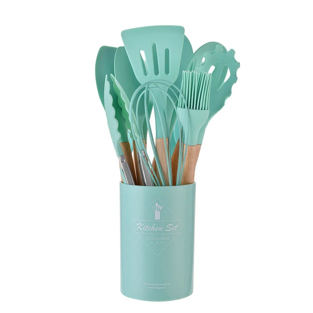 12 Piece Silicone Kitchen Utensils Set with Wooden Handle