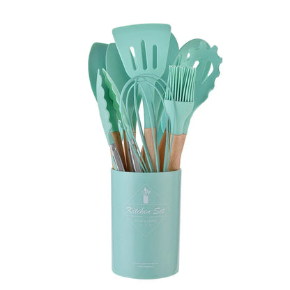 12 Piece Silicone Kitchen Utensils Set with Wooden Handle
