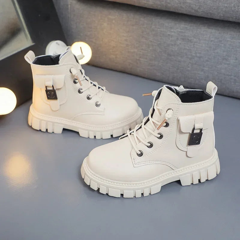 Girls PU Leather Ankle Boots with Anti-slip Sole