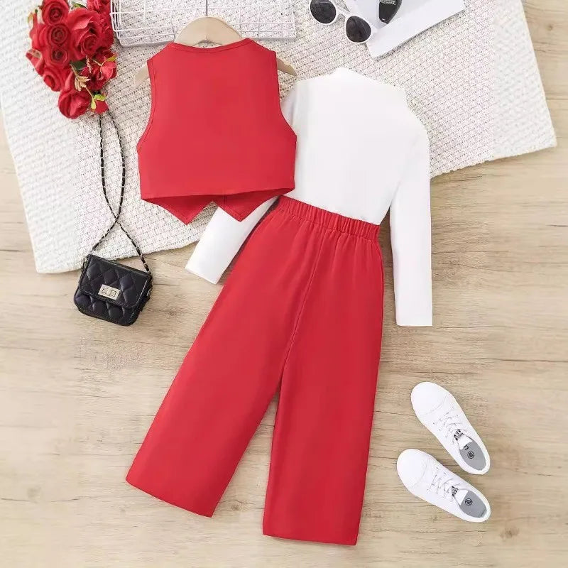 Girls White Long Sleeve Top Red Waistcoat Trousers Set