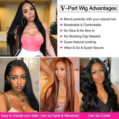 V Part Straight Human Hair Wig Remy Brazilian Natural Color