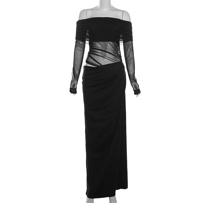 Elegant Slash Neck Ruched Mesh Dress for Women