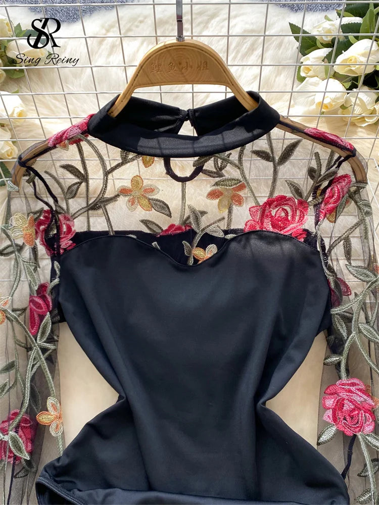 SINGREINY Vintage Embroidery Gauze Bodysuit for Women
