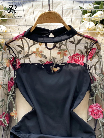 SINGREINY Vintage Embroidery Gauze Bodysuit for Women