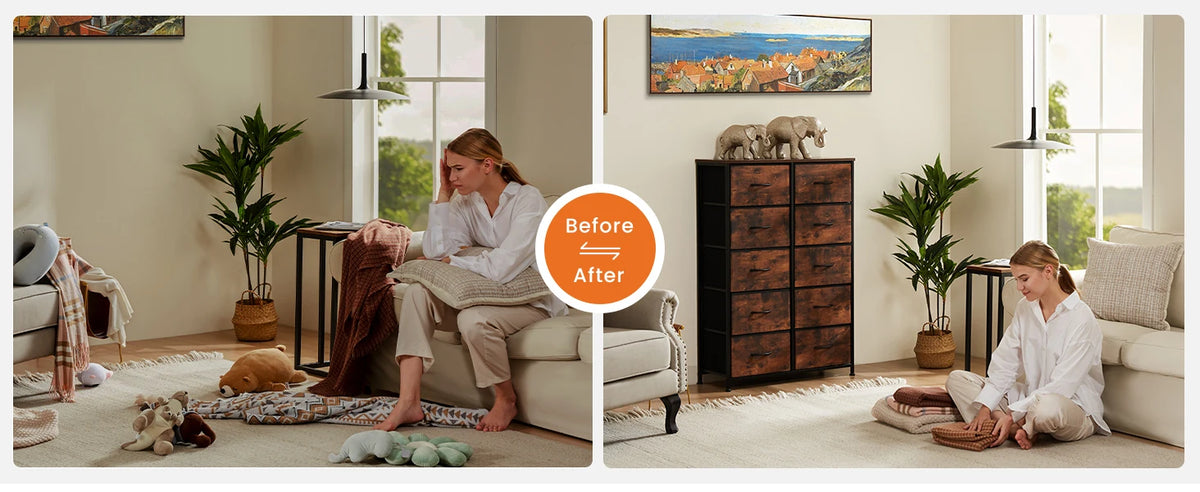JHK Bedside Table with 10 Fabric Drawers and Steel Frame