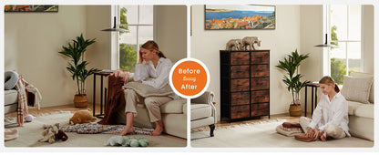 JHK Bedside Table with 10 Fabric Drawers and Steel Frame
