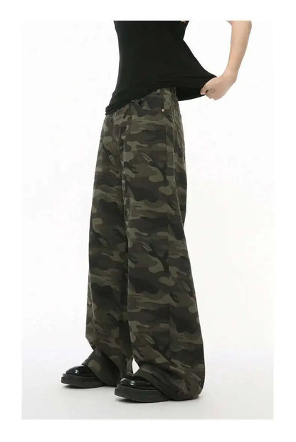 IEFB Vintage Camouflage Men's Loose Denim Jeans Old Blue