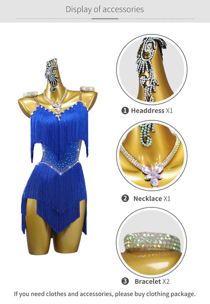 Latin Performance Dance Dress Women Blue Fringe Skirt
