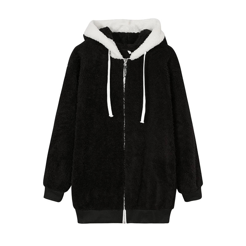 Loose Plush Zipper Hooded Jacket for Women