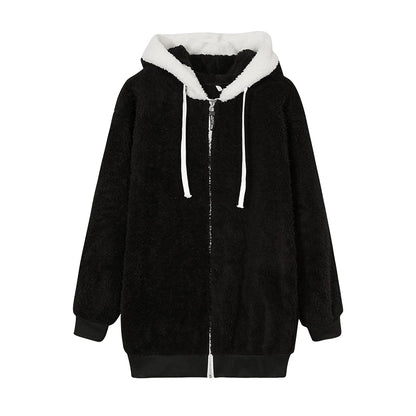 Loose Plush Zipper Hooded Jacket for Women
