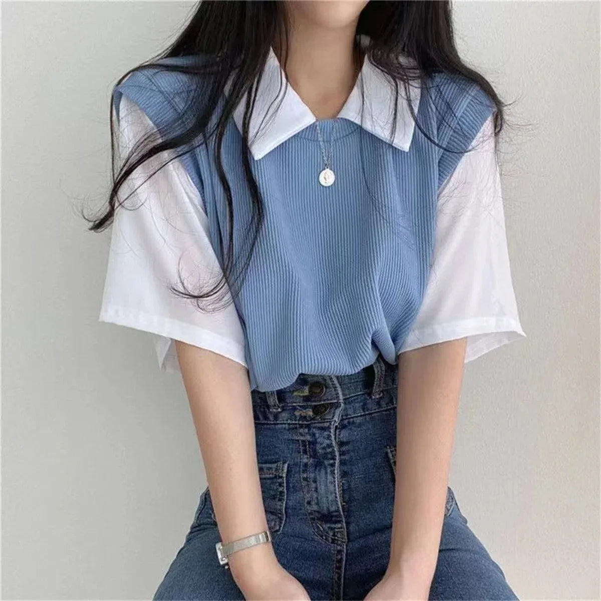 Korean Style Polo Collar Chiffon Blouse for Women