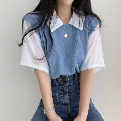 Korean Style Polo Collar Chiffon Blouse for Women