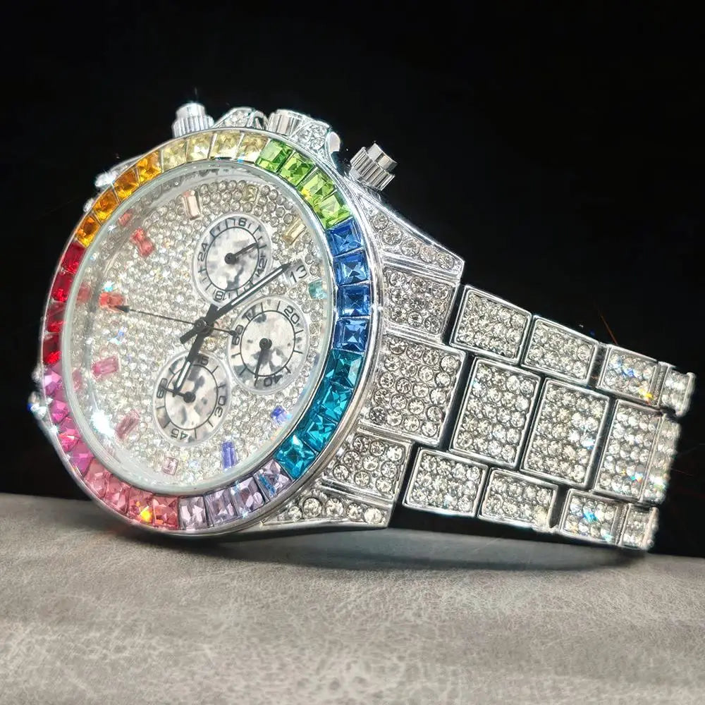 Fashion Gold Quartz Wristwatch for Men with Rainbow Diamonds