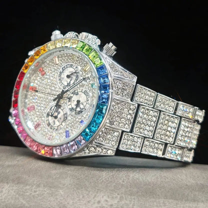 Fashion Gold Quartz Wristwatch for Men with Rainbow Diamonds