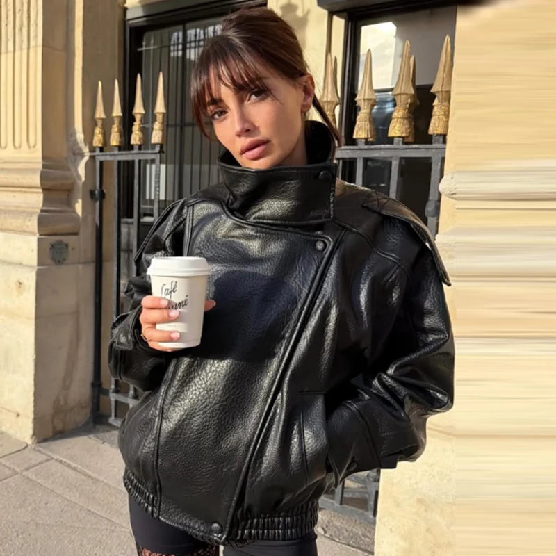 Women's Black Leather Bomber Jacket Zip-Up