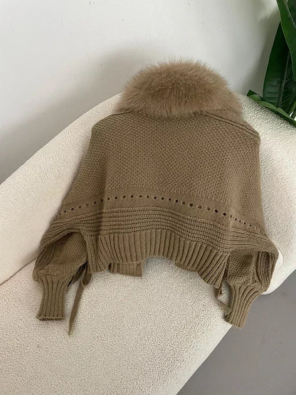 Knitted Cardigan Coat for Women with Real Fox Fur