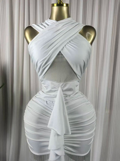 Women Halter Neck Midi Bodycon Dress with Tassels