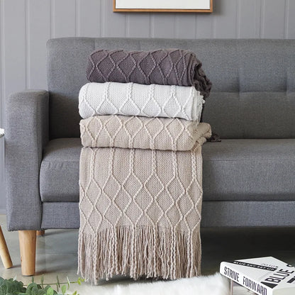 Khaki Knitted Acrylic Blanket with Tassels