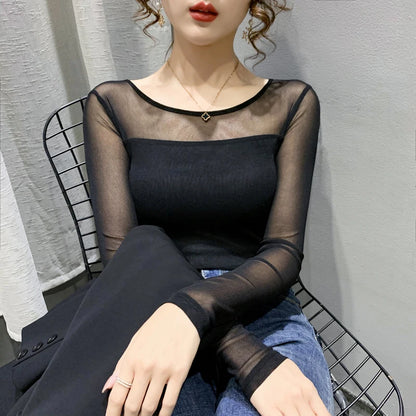 Women Slim Fit Long Sleeve Mesh T-Shirt