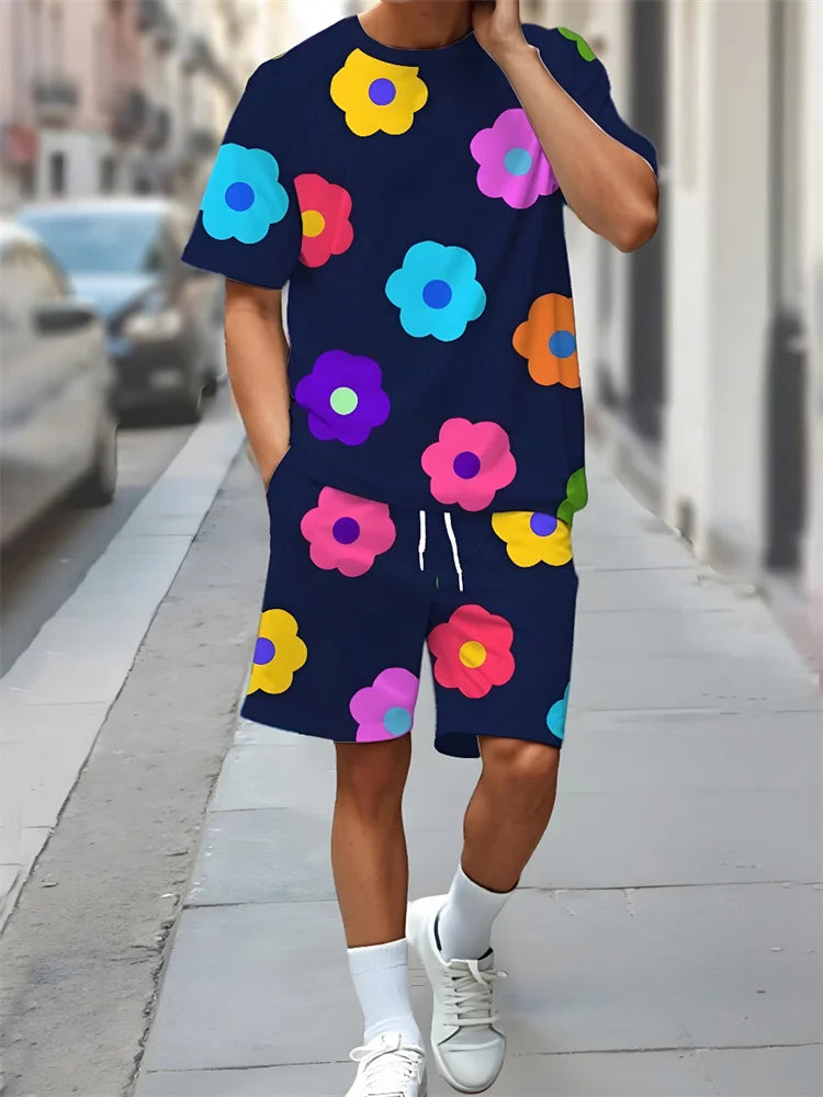 Men's Casual Hawaiian Print T-Shirt and Shorts Set