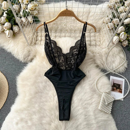 Women Transparent Lace Up Halter Bodysuit Romper