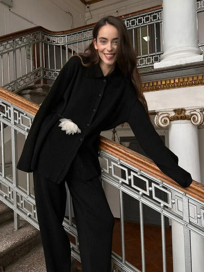 Knit Cardigan Pants Set for Women - Thick and Warm Outfit