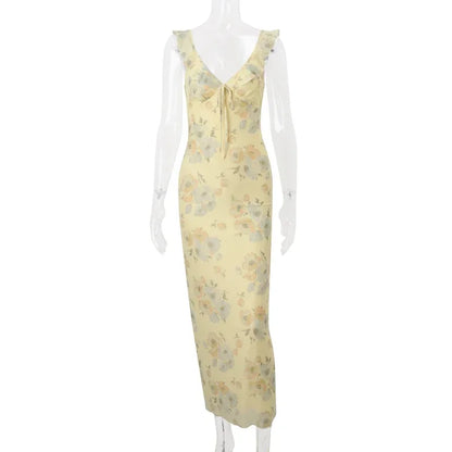 Yellow Flower Print Maxi Dress Sleeveless V Neck