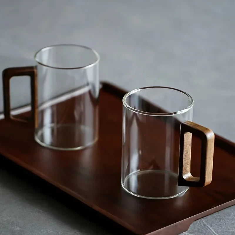 400ml Glass Cups with Walnut Handle for Tea