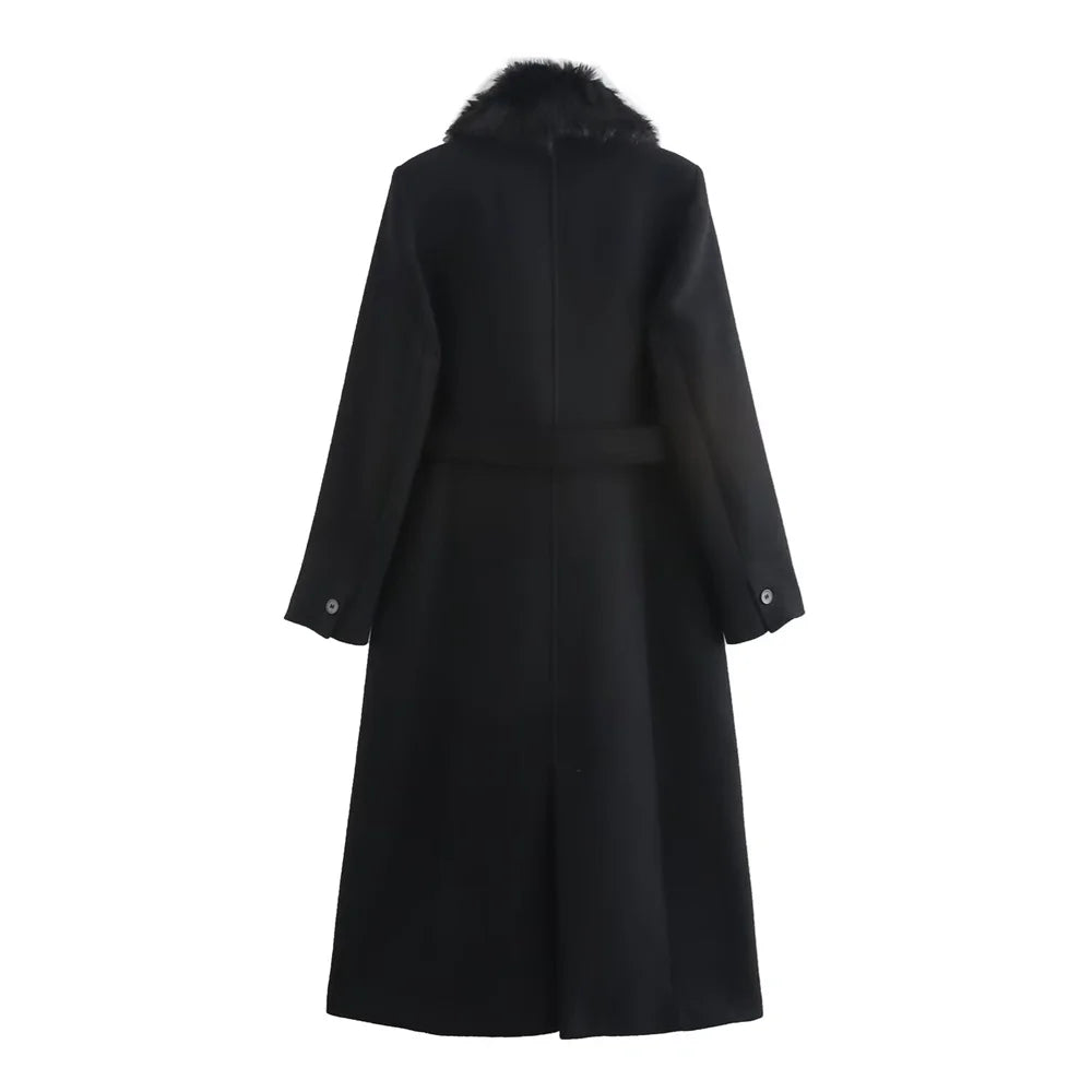 Women's Long Polyester Coat with Fur Collar and Pockets