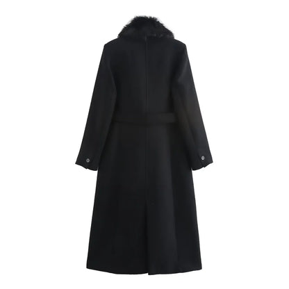 Women's Long Polyester Coat with Fur Collar and Pockets