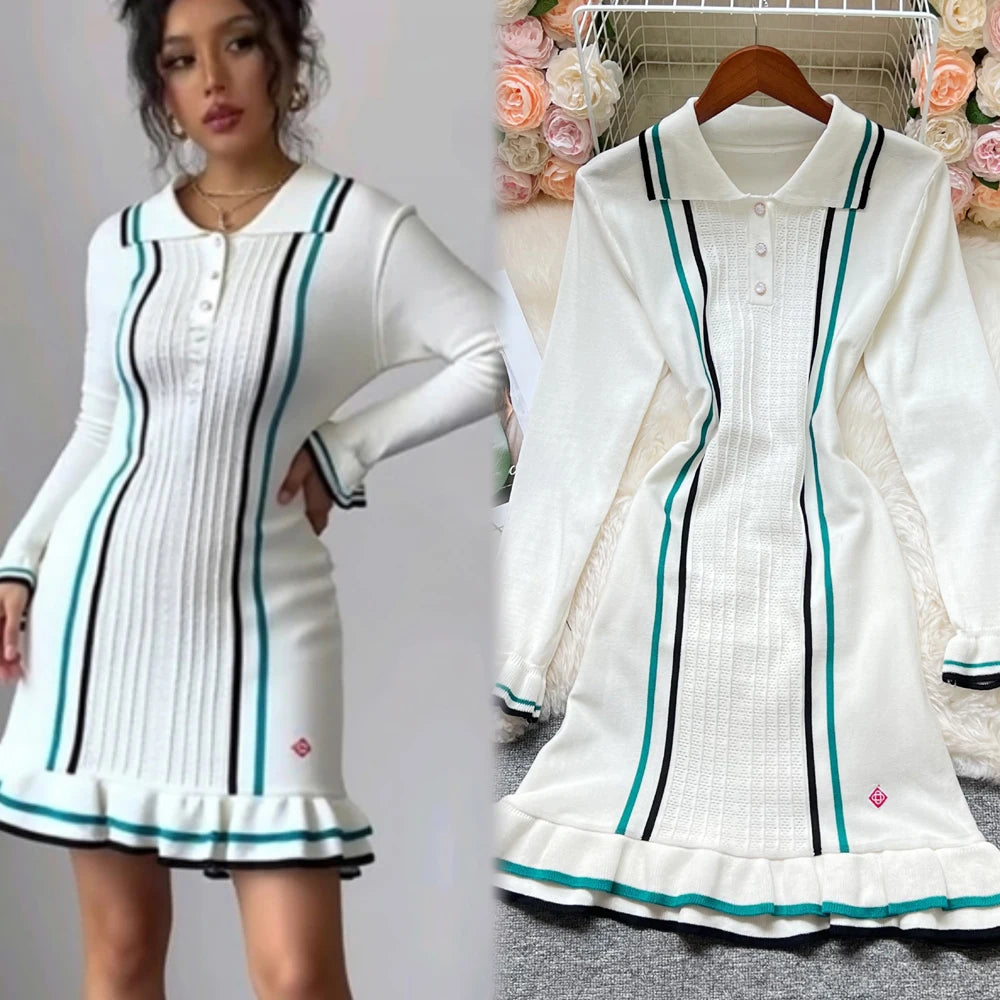 Knitted Mini Dress with Ruffles and Turn-Down Collar