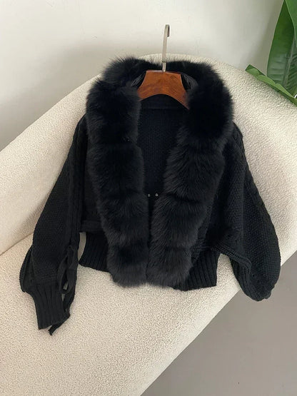 Knitted Cardigan Coat for Women with Real Fox Fur