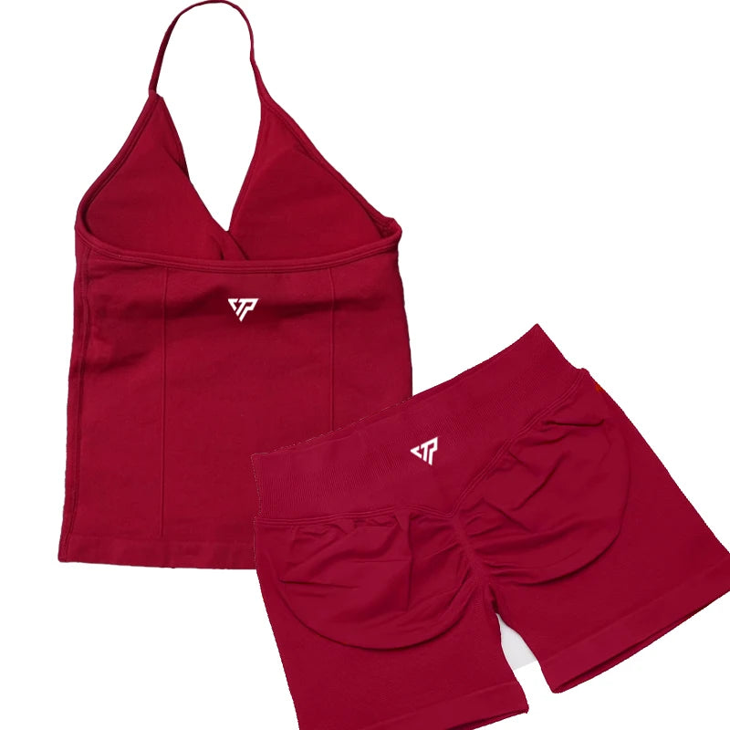 Seamless Lace-Up Bra and Shorts Yoga Set for Women