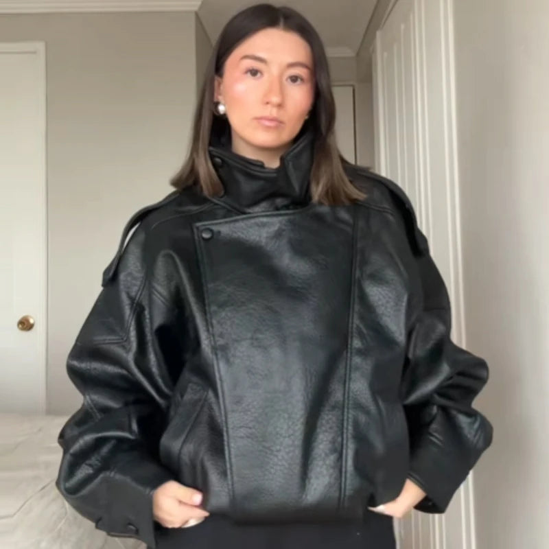 HXAO Black Faux Leather Cropped Bomber Jacket