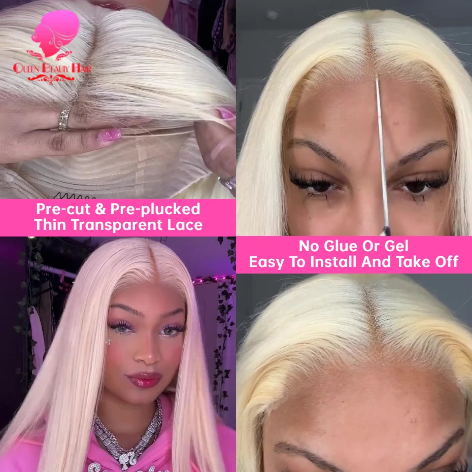 613 Glueless Human Hair Lace Closure Wig Blonde Straight