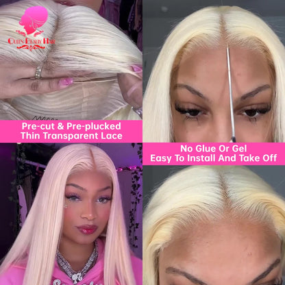 613 Glueless Human Hair Lace Closure Wig Blonde Straight