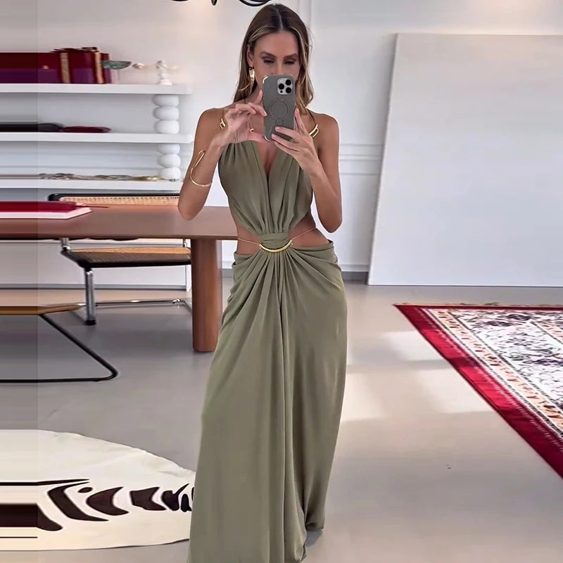 Backless Halter Dress for Women in Solid Polyester