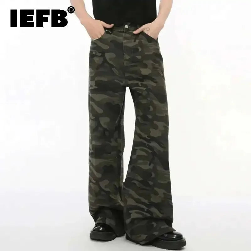 IEFB Vintage Camouflage Men's Loose Denim Jeans Old Blue