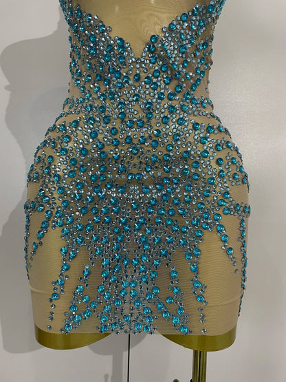 Sparkly Rhinestones Mesh See Through Dress for Women