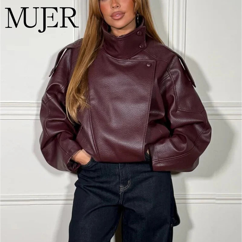 Faux Leather Oversize Bomber Jacket for Women